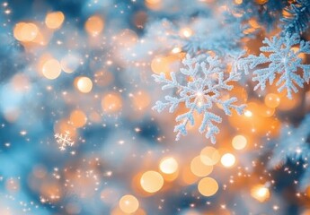 Blurred background with bokeh lights and snowflakes Christmas card design pastel colors, light blue, beige, white, orange, soft light, blurred Generative AI