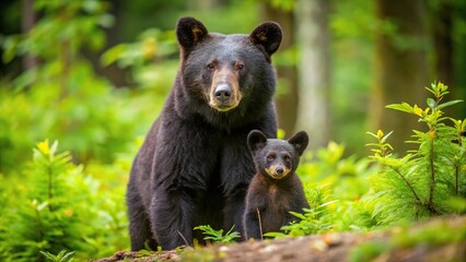 Mother black bear with cub in green forest