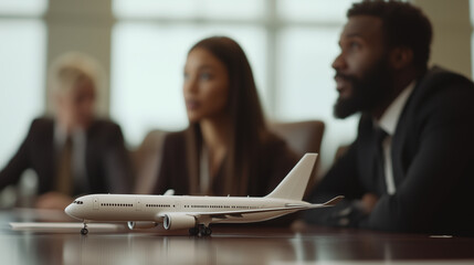 Flight attendant candidate speaking with an airline recruiter in an airport conference room, with airplane models displayed on the table photo