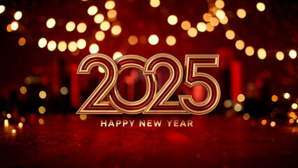 A vibrant and festive setting, predominantly dominated by a deep red hue. In the foreground, golden numerals '2025' are prominently displayed, suggesting the year 2025.