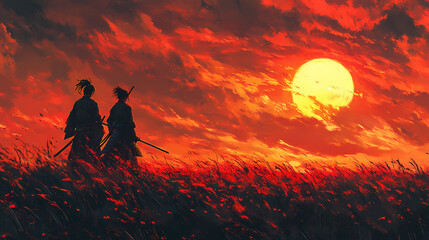 Obraz premium Epic Samurai Duel at Sunset Anime Illustration