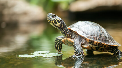 Fototapeta premium Portrait of a turtle stretching its neck to reach leafy greens floating on the surface of a small pond photo