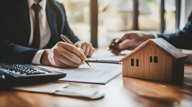 Agent immobilier concluant la vente avec les acheteurs de premi&egrave;re maison en signant la paperasse finale.