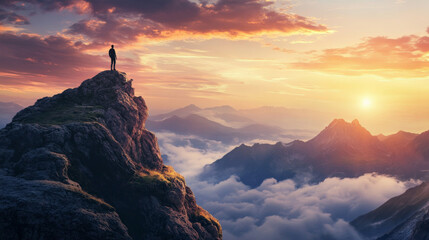 person standing on mountain peak looking out at stunning sunset over clouds, evoking sense of adventure and tranquility - Powered by Adobe