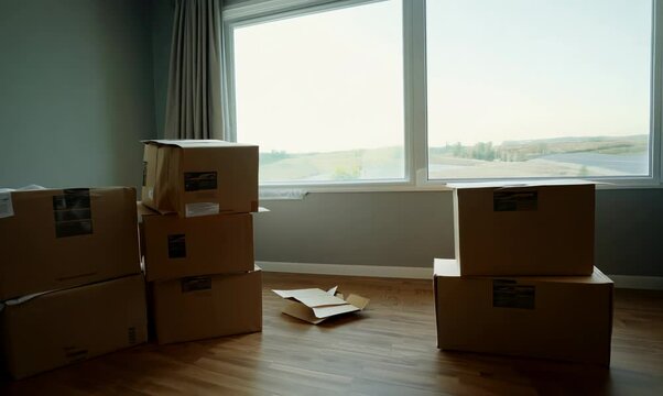 empty living room with moving boxes in new apartment