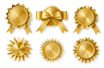 Icons set in gold color. Ribbon outlines with gifts and accessories. Christmas stickers and decorations for apps and websites. Labels, badges and borders.