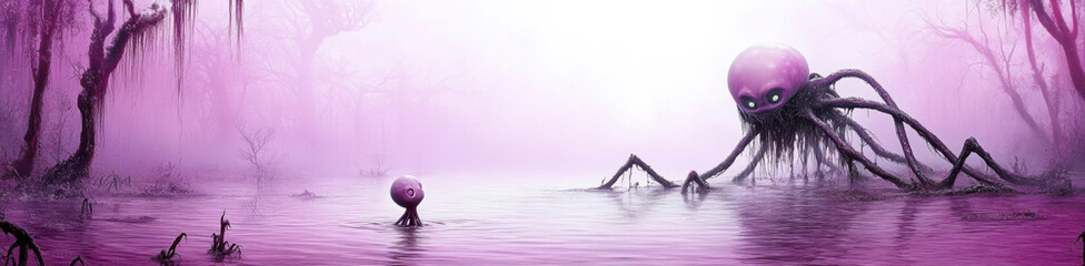 Alien creatures meet in a mysterious, misty purple swamp, creating an eerie atmosphere, AI