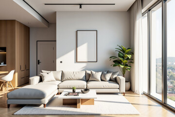 Modern living room with large windows offering stunning city views