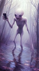 Obraz premium Alien creature takes a selfie in a misty, eerie forest swamp, AI