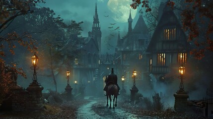 A dark horseman rides towards the viewer down an old village street, lit by...