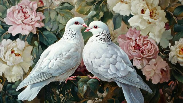 Two white doves are perched on a branch surrounded by pink and white flowers
