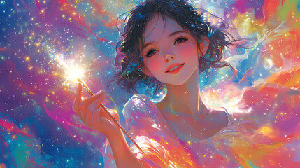 Fototapeta premium Magical Girl in Colorful Fantasy World Shojo Anime Illustration