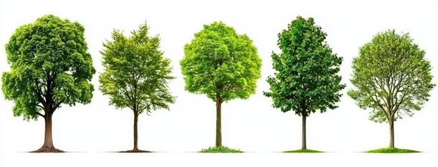 A collection of green trees isolated on a white background.