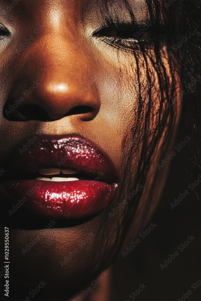 Canvas Prints Close-Up Portrait: Vividly Glossy Lips and Deep Shadows Highlighting a Woman's Beauty, Ideal for Fashion and Beauty Use