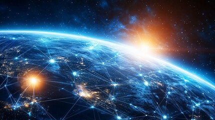 Obraz premium Earth at Night with Interconnected Network of Lines and Glowing Points