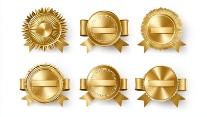 A realistic gold ribbon set featuring old labels and waves, retro decoration elements, a yellow price sale and a golden price. Gold ribbons with old labels and wave banner elements.