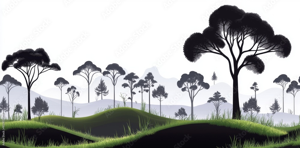 Poster set of black horizontal silhouettes of coniferous treetops. panoramic view of coniferous spruce. mod