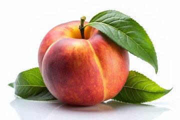 Ripe Peach with Leaves Isolated on White Background - Night Photography