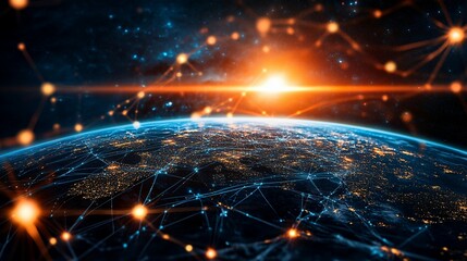 Obraz premium Earth at Night with Network Connections and a Rising Sun