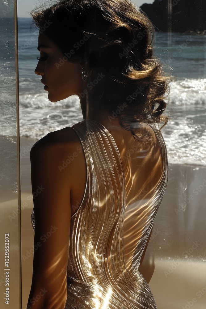 Poster Fashion Portrait: A silhouette of a woman in a shimmering dress against a beach backdrop, perfect for lifestyle or fashion themes.