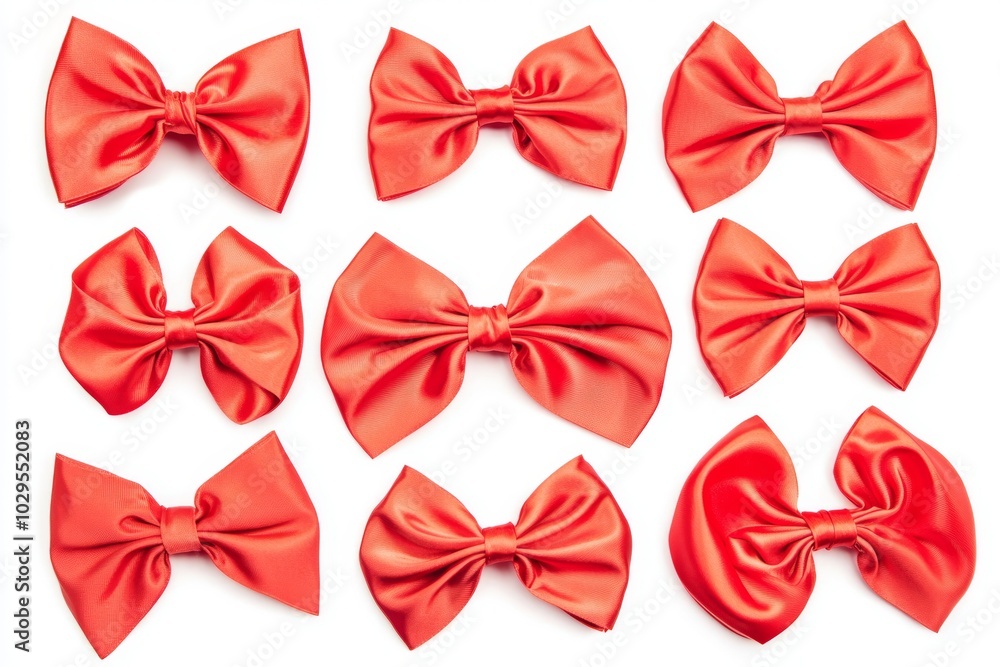 Poster this design set consists of a white background with a top view of a red handmade bow, a red satin ri