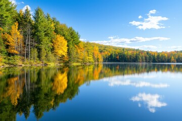 Reflections of autumn foliage in calm pond water on a New England autumn day