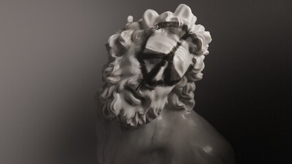 Marble head of Laocoon with graffiti in the form of a pacifist sign on his face, ancient Greek sculpture, 3d render