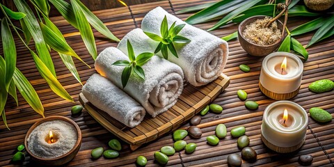 Rolled White Towels in a Serene Spa Setting for Relaxation and Wellness