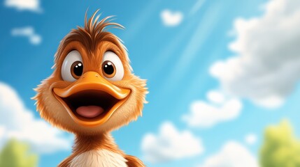 A smiling animated duck stands joyfully under a clear blue sky, conveying a sense of happiness, brightness, and carefree innocence in a cartoon style.