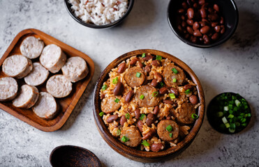 Kidney beans tomato paste sausage rice stew in a bowl