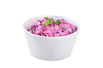 Beet hirring mayonnaise salad vinaigrette in a bowl on a white isolated background