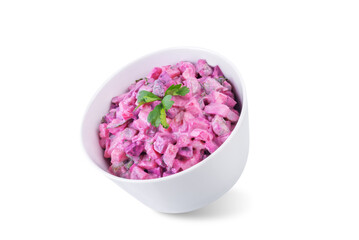 Beet hirring mayonnaise salad vinaigrette in a bowl on a white isolated background