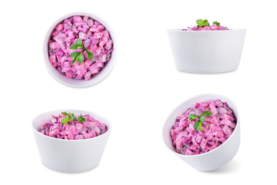 Beet hirring mayonnaise salad vinaigrette in a bowl on a white isolated background