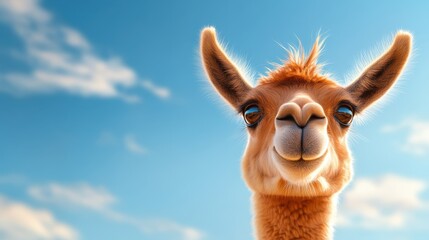 Obraz premium A gentle llama with fluffy fur peacefully stands underneath a blue sky with soft clouds, its calming presence bringing a sense of joy and serenity.