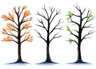 Black ink trees with watercolor crowns for your design. Summer and Autumn seasons. Hand drawn illustration on white background.