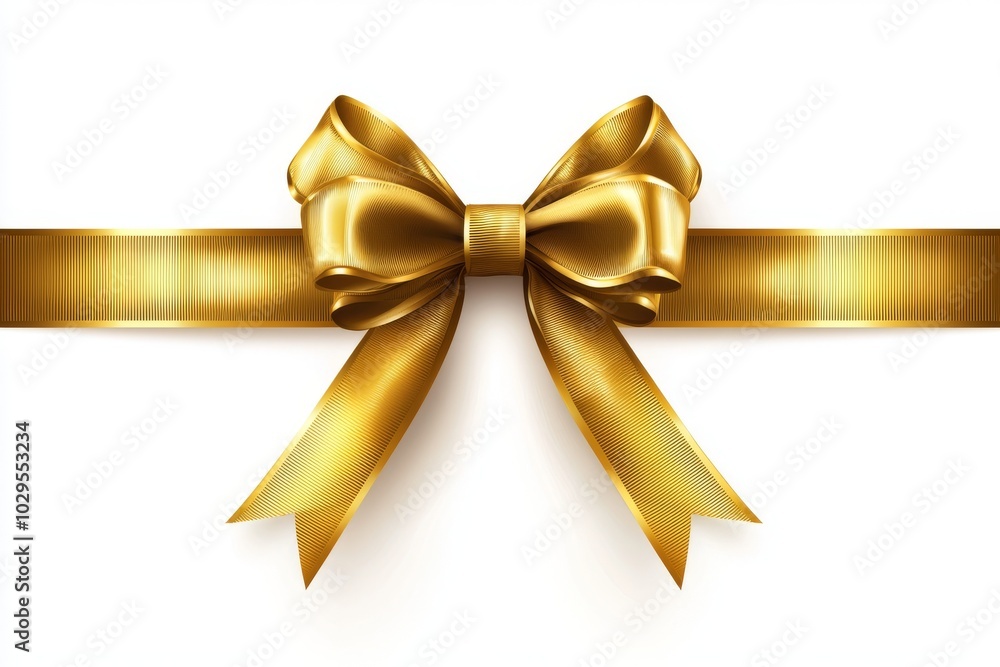 Poster a realistic golden bow with shiny satin and ribbon placed on the corner of a white background with a
