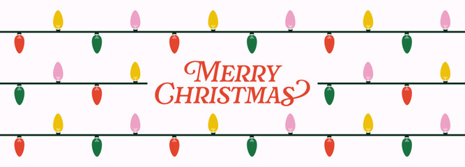 Christmas Banner with Christmas Lights Background Illustration. Merry Christmas Lettering. Trendy Festive Banner with Christmas Light Decoration.