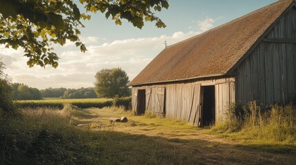 Obraz premium A rustic wooden barn stands in a field, bathed in the warm glow of the setting sun, with a lush green meadow and a tree in the background.