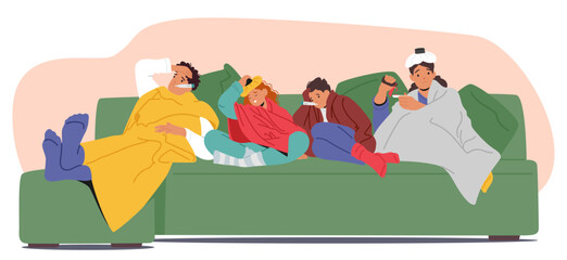 Cartoon Family Characters Are Lying On A Couch, All Appearing Sick. Each Of Them Is Wrapped In Blankets