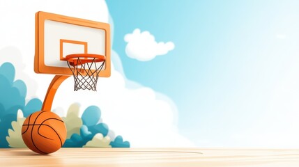 An artistic depiction of a basketball next to an orange hoop set against a playful outdoor-themed background, symbolizing leisure and inspiration in digital artistry.