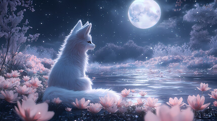 Kawaii Kitsune Yokai Under the Moonlight Cute Anime Art