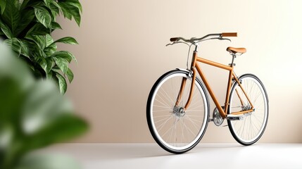A classic orange bicycle stands prominently in a modern setting, flanked by lush green plants. Sleek lines and soft lighting add to its elegant artistic allure.