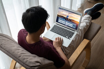 Obraz premium Online flight booking website provide modish reservation system . Travel technology concept .