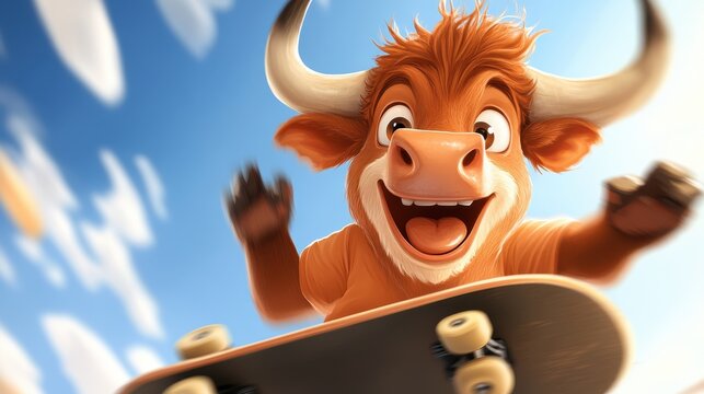An animated bull reveals an expression of absolute joy while executing a skateboard trick in mid-air, embodying the spirit of freedom, fun, and skill.
