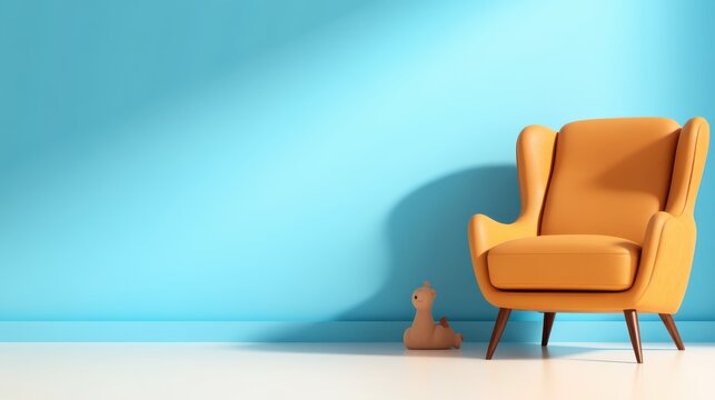 A cozy retro orange armchair sits invitingly against a vibrant blue wall, accompanied by a small toy, representing a blend of nostalgia and comfort.