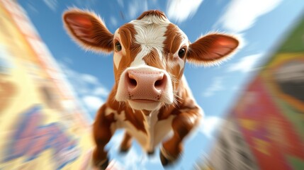 A cow caught in mid-action racing towards the viewer with a dynamic blurred background, embodying the thrill and energy of movement in a stylized modern shot.