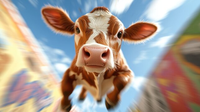 A cow caught in mid-action racing towards the viewer with a dynamic blurred background, embodying the thrill and energy of movement in a stylized modern shot.