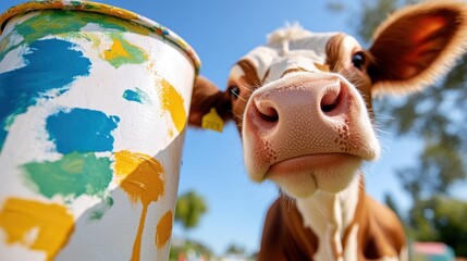 A cow examines a brightly painted tin can on a sunny day, illustrating curiosity and the joy of discovery in a playful and artistic farm setting.