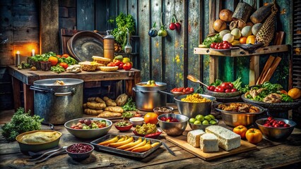 Fototapeta premium Rustic Food Spread in a Metal Bunker Setting for Unique Culinary Photography