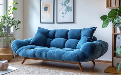 Stylish blue velvet sofa with wooden legs in a bright living room interior